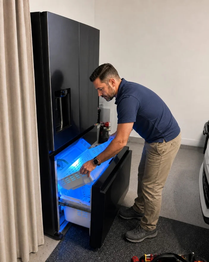 Technician diagnosing a black French door refrigerator that has stopped cooling in a Northern Virginia home