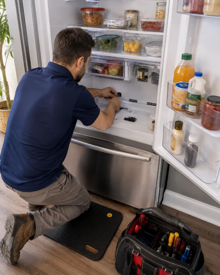 Technician repairing the freezer drawer of a bottom-freezer refrigerator in a Woodbridge, Virginia home