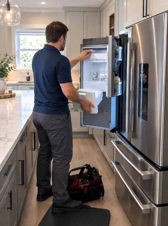 Technician repairing the ice maker in a stainless French door refrigerator in a Fairfax, Virginia kitchen