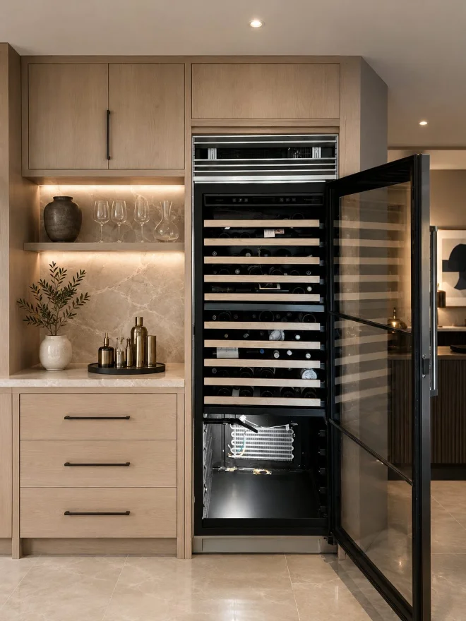 Built-in glass-door refrigeration column in an Alexandria, Virginia kitchen